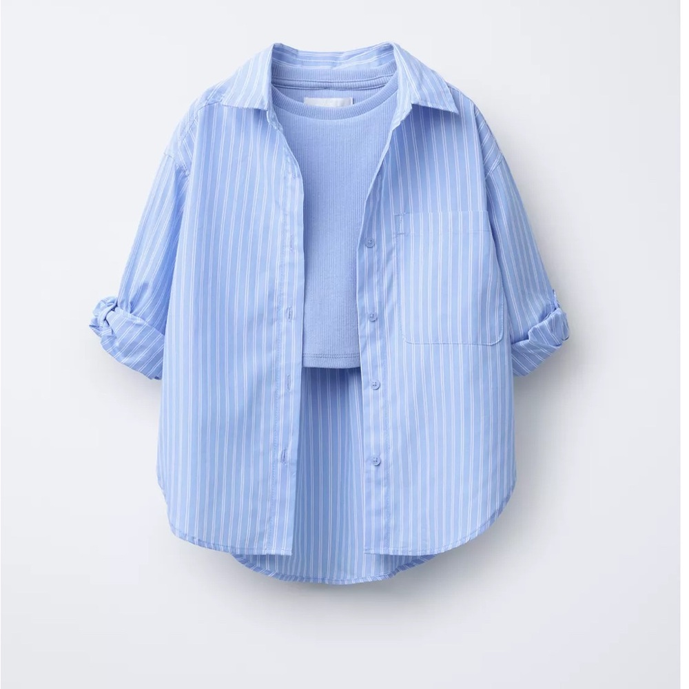 Zara Light Blue Striped Poplin Button Down & Crop Top